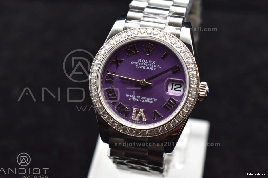 278289 President Purple Steel Diamonds DateJust Roman 552 Ladies Bezel Dial 316L BPF Contemporary on Markers Style 31 Bracelet 0512